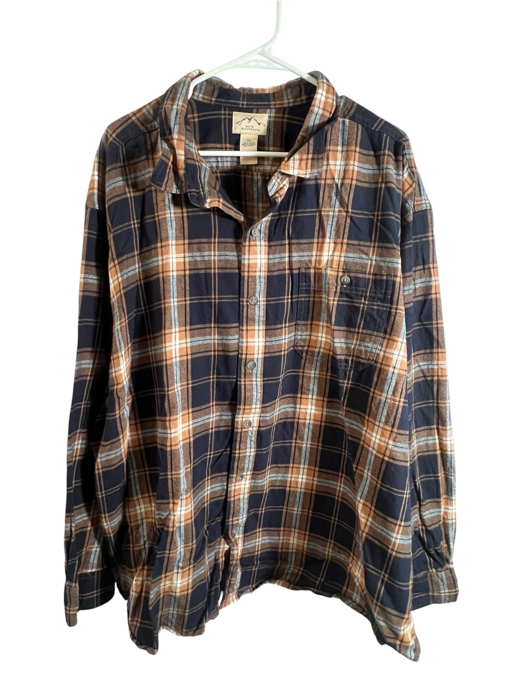 Blue Mountain Mens Size 3XL Button Down Shirt Flannel Navy Blue Tan Plaid Cotton